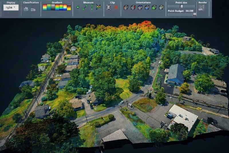 LiDAR point cloud used for topographic mapping and site development planning in a suburban area