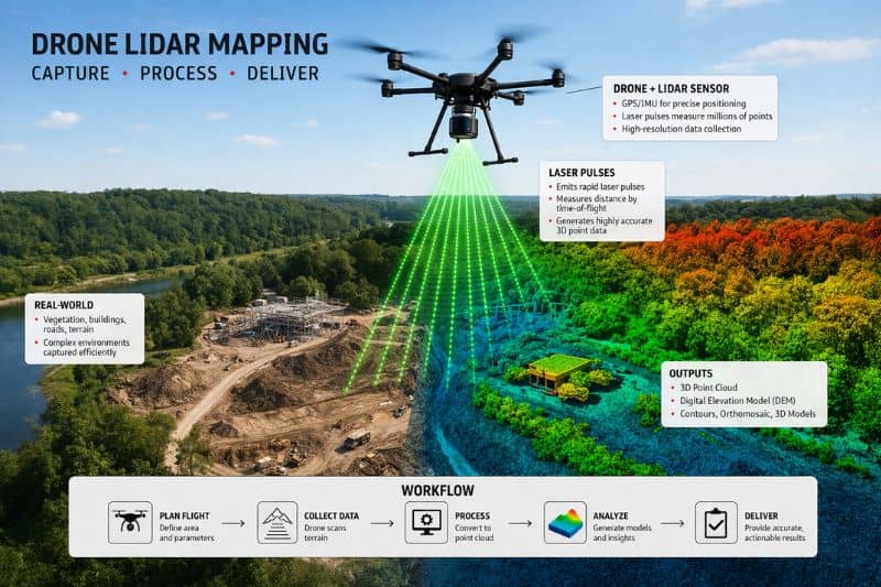 Comparison of raw LiDAR point cloud and processed engineering-ready surface with drone scanning, showing grading and drainage improvements on a site