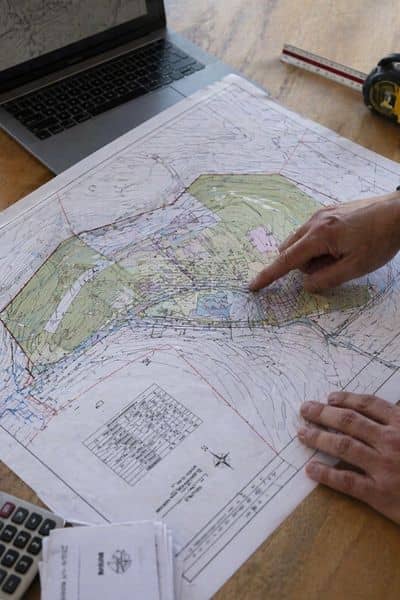 Civil engineer reviewing site plans and contour maps during a topographic survey for construction planning