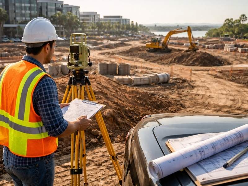 Land surveyor performing an as-built survey at an active construction site to verify building placement and approved site plans