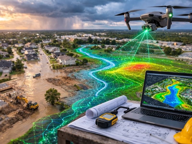 Drone capturing aerial mapping data over a development site with terrain analysis, survey plans, and mapping technology