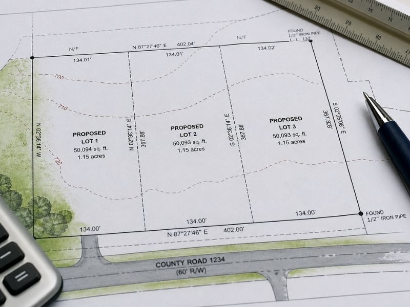 Survey plat map and property layout used to help find property lines and verify parcel boundaries during land planning