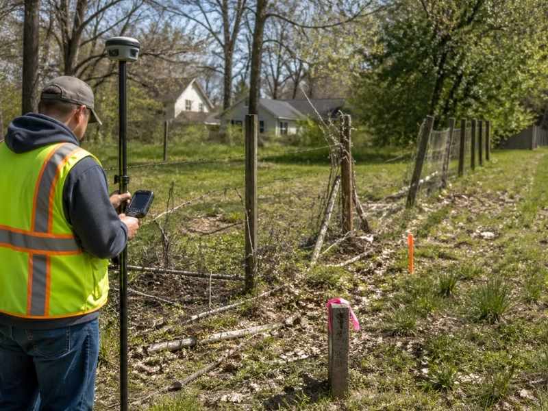 Land surveyor using GPS equipment for finding property lines near boundary markers and fence lines