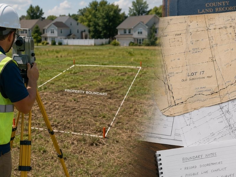 Land surveyor locating property boundaries while reviewing land records, plat maps, and survey documents for site planning