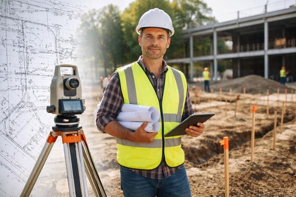 Licensed land surveyor at a construction site reviewing plans and performing as-built survey verification for permit closeout