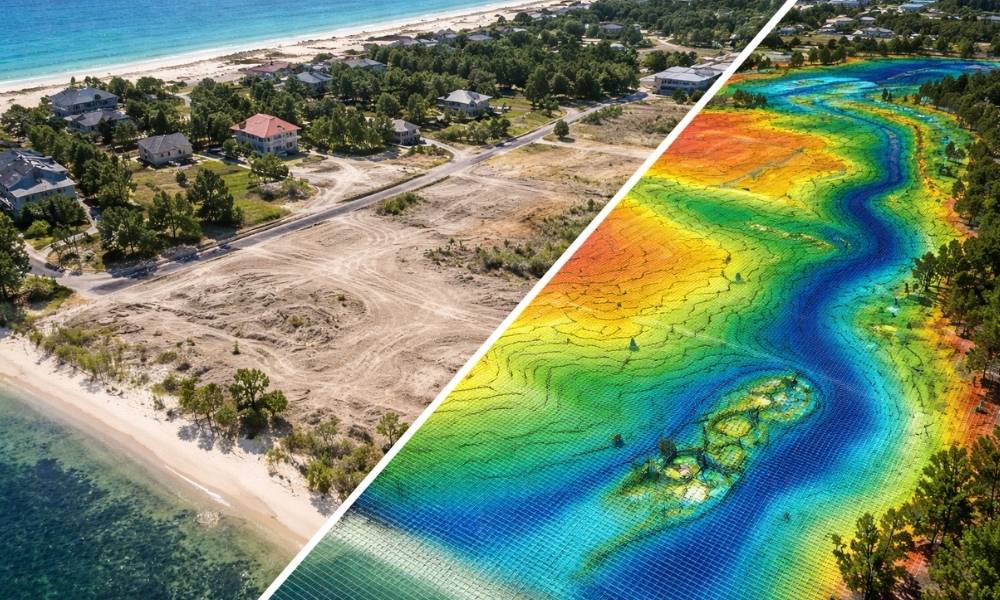LiDAR mapping visualization comparing a real coastal development site with a digital elevation heatmap showing terrain changes, drainage patterns, and topographic variation