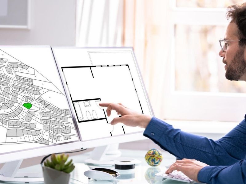 Survey mapping and digital site plan review showing property layout and land development details on a computer screen