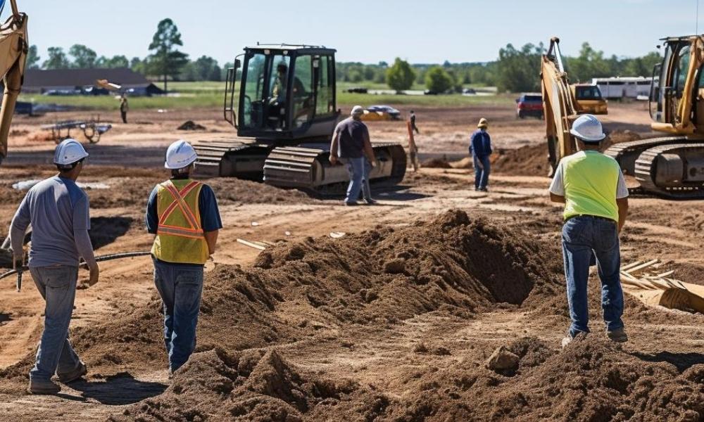  Topographic survey guiding site grading work with construction crew and heavy equipment on land development site