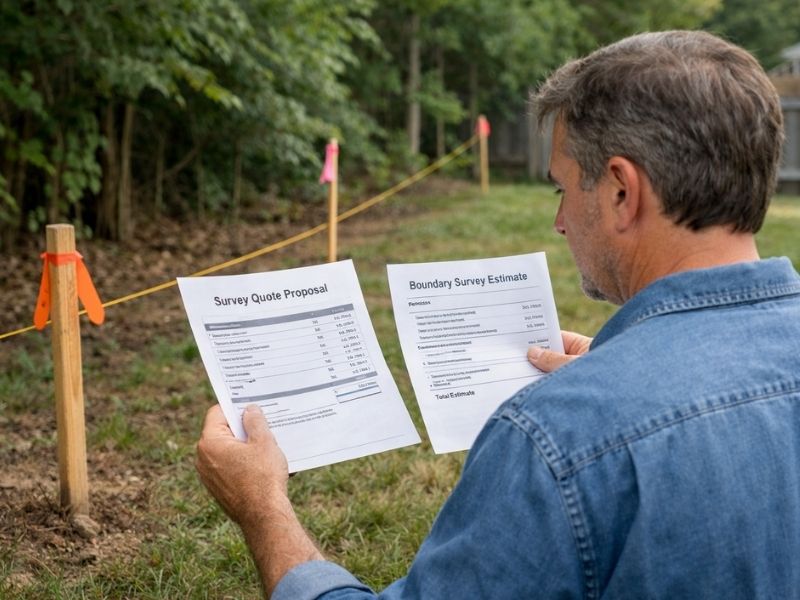 Homeowner reviewing a boundary survey cost estimate beside marked property lines and survey stakes