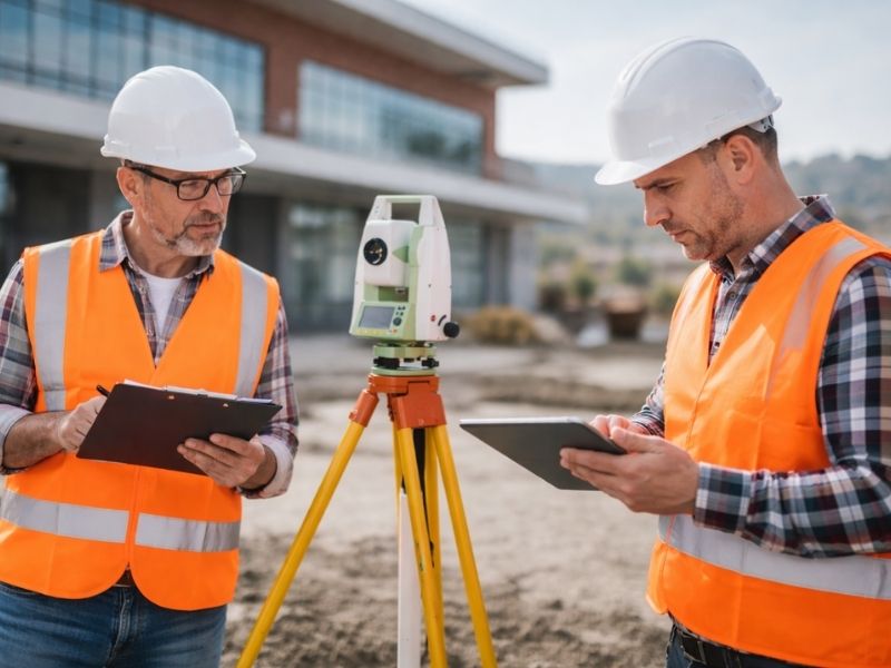 Commercial property surveyors using surveying equipment to document existing site conditions before redevelopment of a commercial property.
