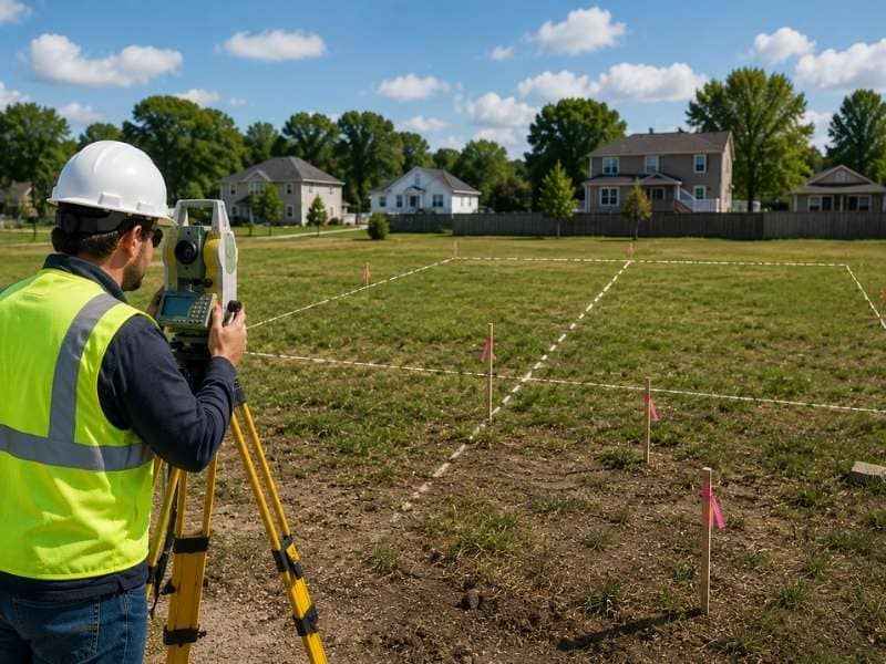 Land surveying of a residential lot using a total station before splitting or combining lots to verify property boundaries and legal lot dimensions.