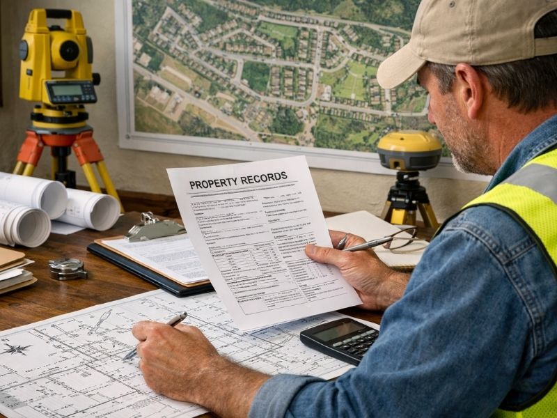 Licensed land surveyor reviewing property records and certified survey plans for boundary verification