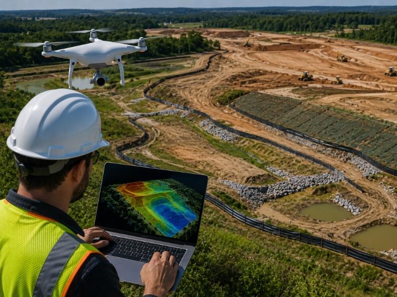  LiDAR mapping survey of a large construction site showing terrain monitoring, graded slopes, drainage features, and erosion control measures during active land development
