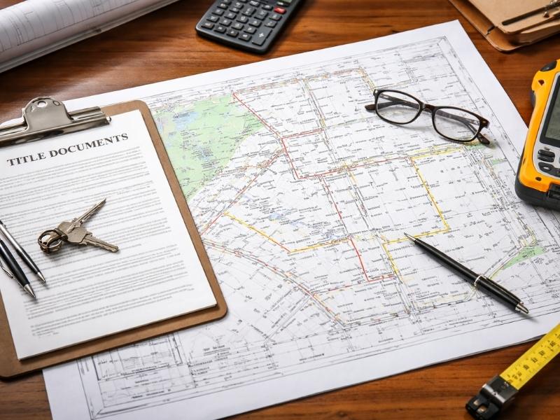 Local surveyor reviewing title documents, plat maps, and survey records before beginning field measurements on a property.