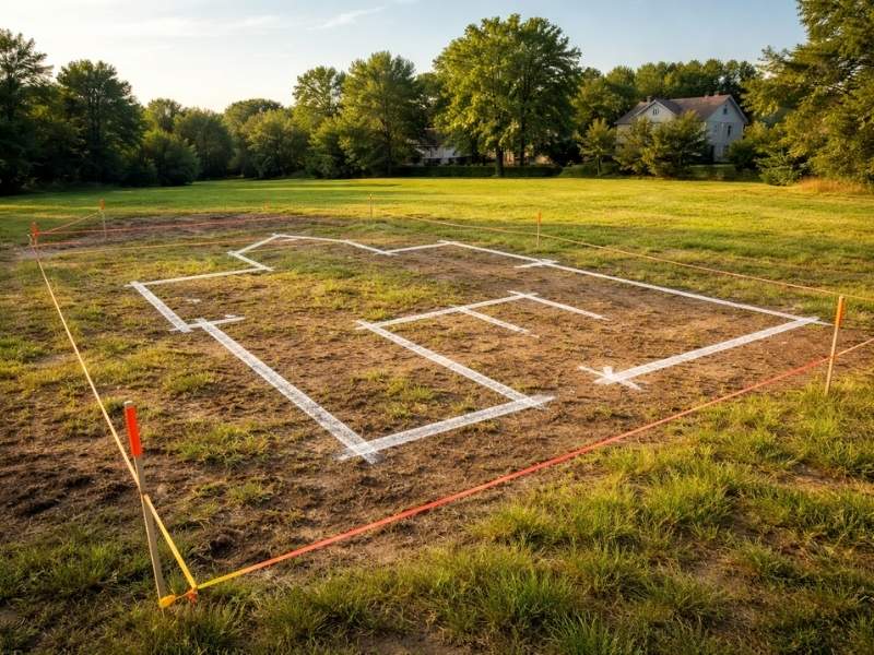 Land surveyor marking property boundaries to help prevent setback problems before residential construction begins.