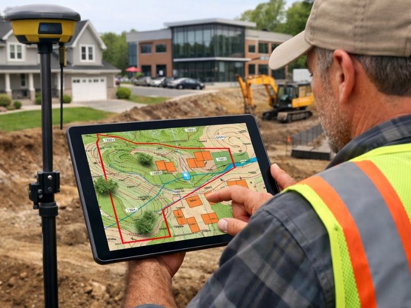 Land surveying professional reviewing a property boundary map and legal land survey data on a construction site