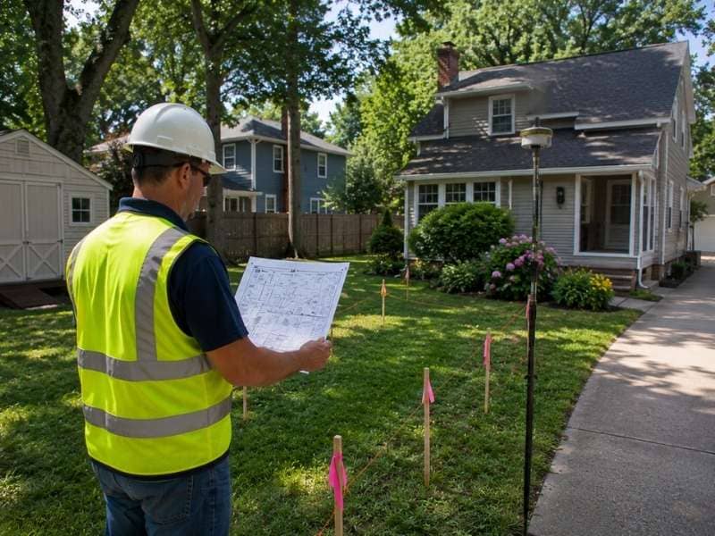 Plat of survey being reviewed by a surveyor before planning a new home addition on a residential property.