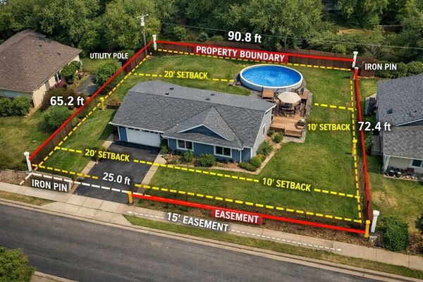 Land surveying illustration showing property boundaries, setbacks, easements, and boundary monuments on a residential lot