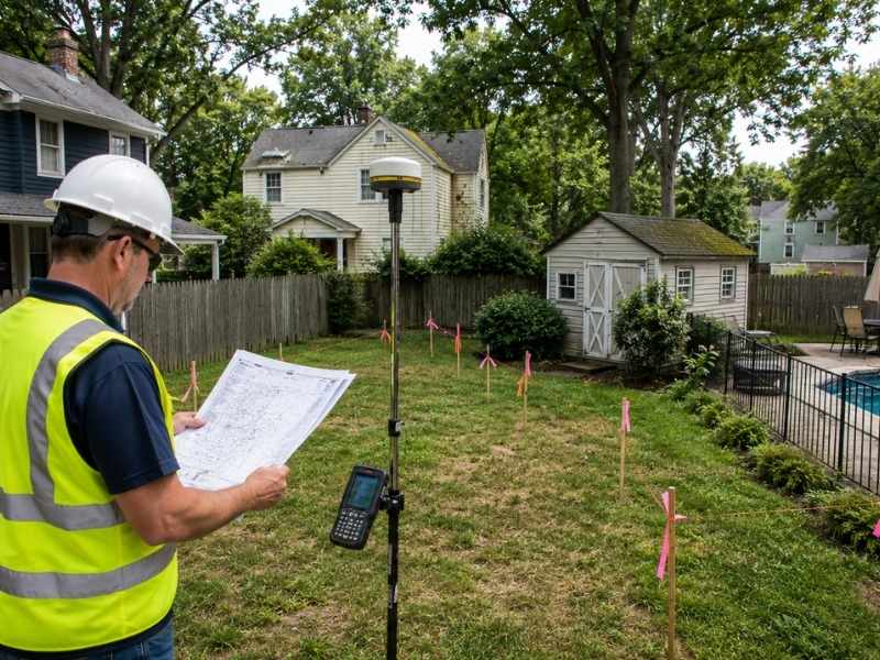 Property survey cost factors shown by a surveyor measuring a residential lot with multiple corners, structures, and boundary markers.