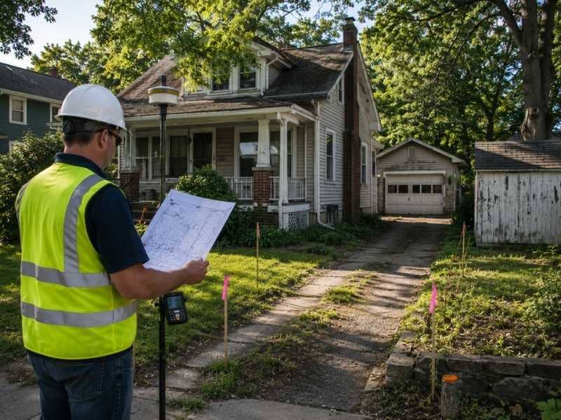 Residential land survey showing a surveyor inspecting an older house, garage, and shed before a home purchase. 