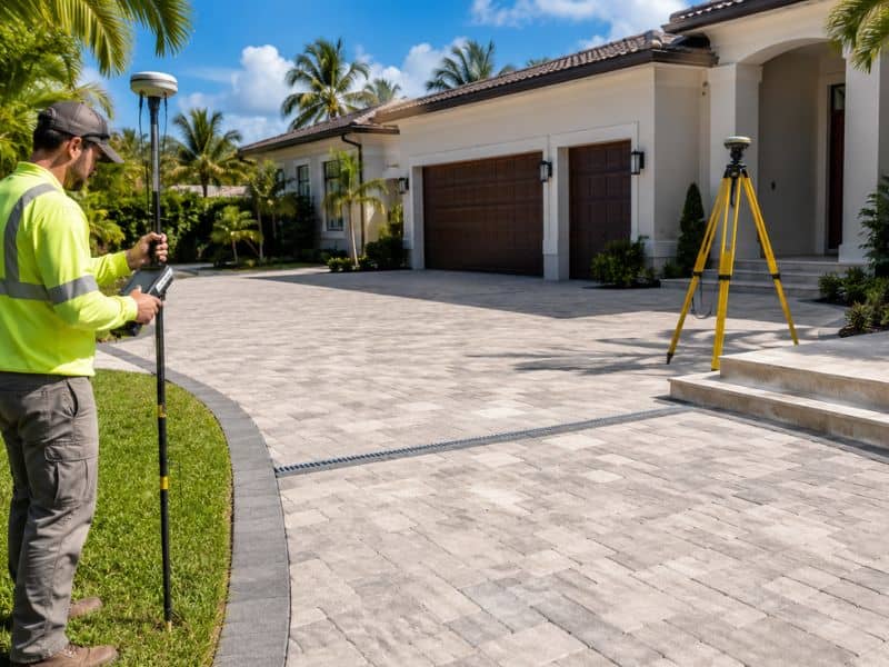 Land surveyor in a neon shirt holds a measuring pole with a mounted device beside a paved driveway in front of a house.