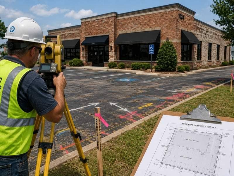 ALTA land survey in progress at an older commercial building to verify property boundaries, parking areas, easements, and site improvements.