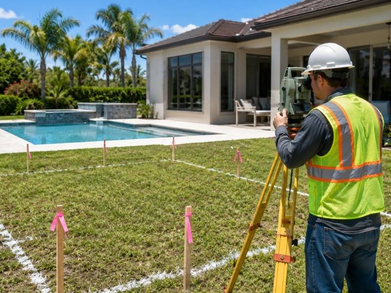 as built survey pool addition miami fl | Miami Land Surveying Licensed land surveyor completing an as-built survey for a residential pool and home addition in Miami, FL.