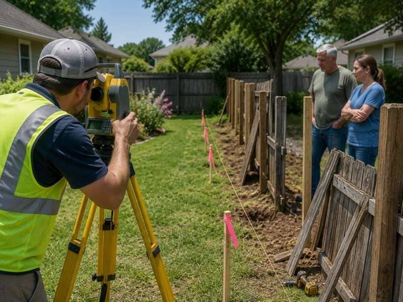 Land survey for fence replacement showing a surveyor marking property lines before installing a new fence to help prevent neighbor disputes.