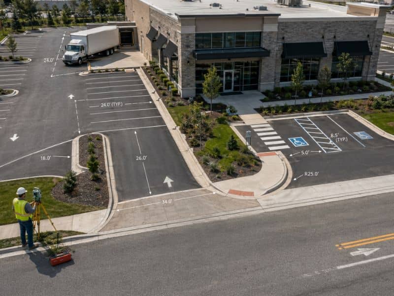 Surveyor in a high-visibility vest uses a tripod-mounted instrument on a newly paved commercial parking lot, with measurement lines marking spaces and drive lanes.