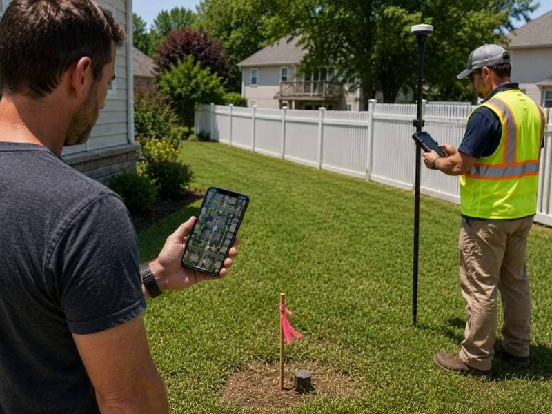 Homeowner comparing a property line app with a licensed surveyor locating the actual property boundary using GNSS equipment.
