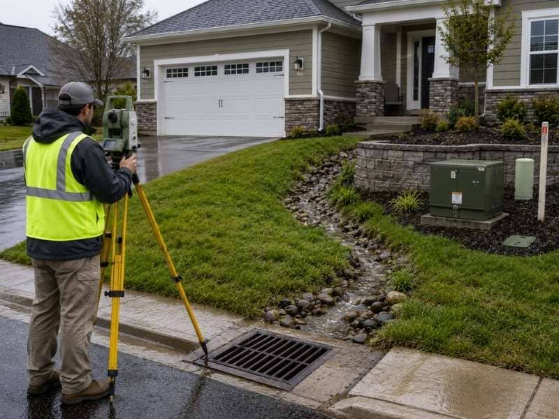 Land surveying measuring home elevations, drainage paths, utilities, and site features before stormproofing improvements begin.
