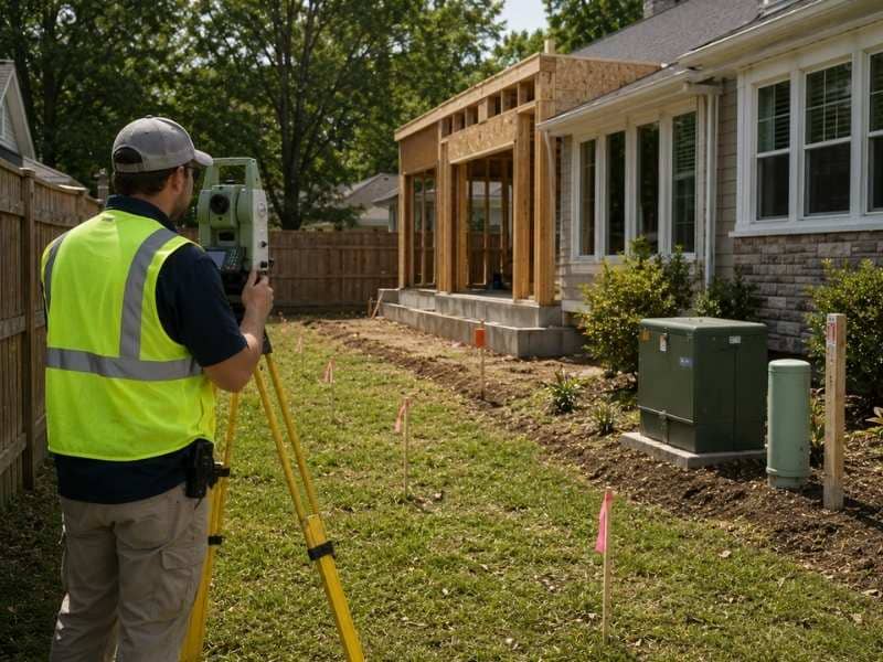 Local surveyor measuring property boundaries and locating easements before a planned home renovation or addition.