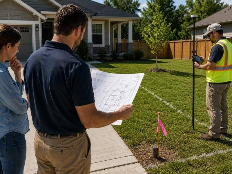 Licensed surveyor completing a residential land survey to help prevent permit delays caused by boundary, setback, and site condition questions.
