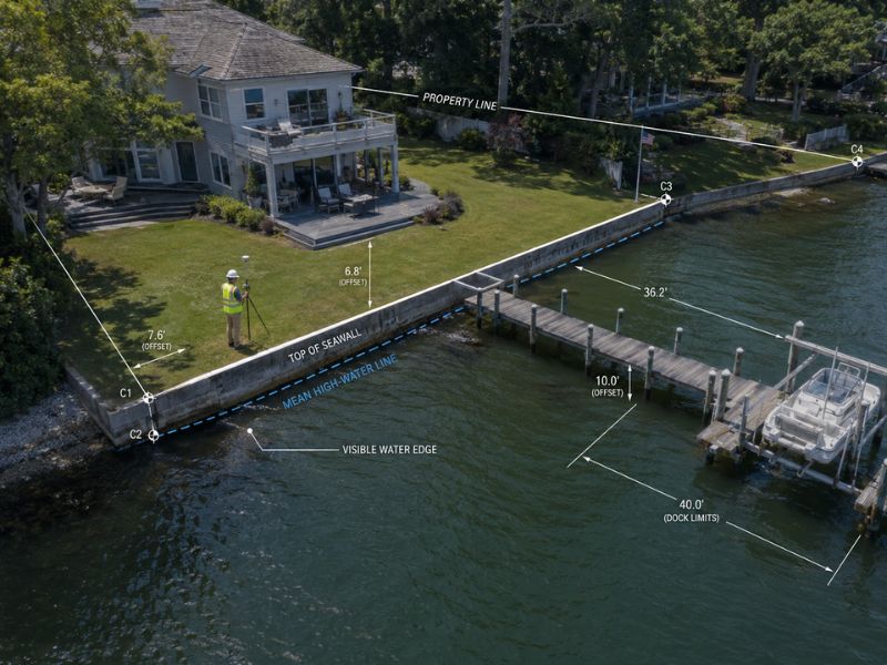 Aerial view of a waterfront property with a seawall, dock, and a worker in a safety vest taking measurements.