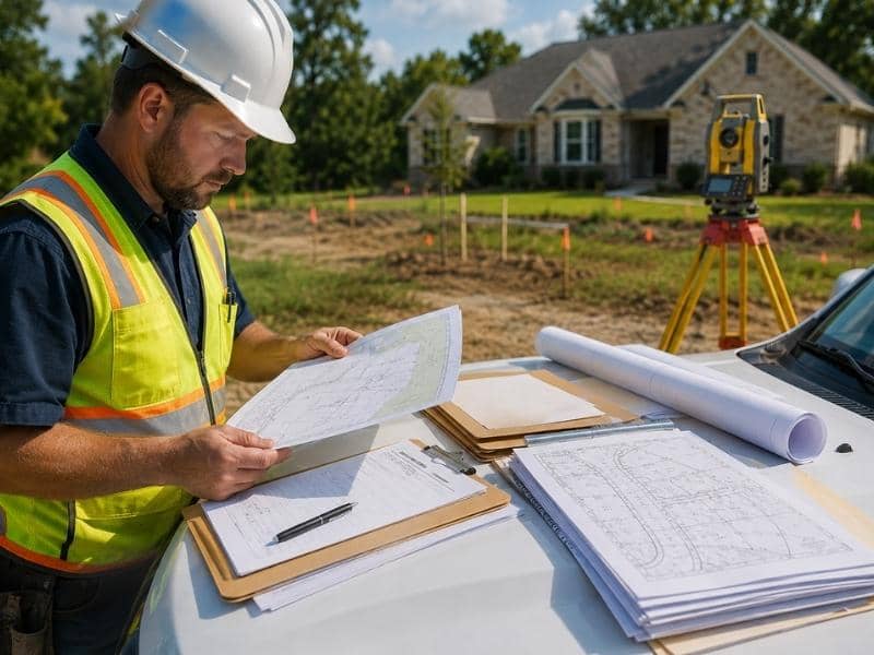 Construction worker in a hard hat and safety vest reviews blueprints laid out on a car hood at a new home construction site, with surveying gear in the background.