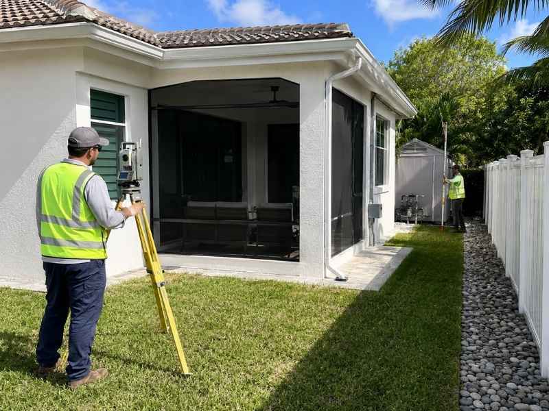 House survey setback improvements miami florida | Miami Land Surveying Two workers in high-visibility vests set up surveying equipment in a residential backyard beside a white house with a screened patio.