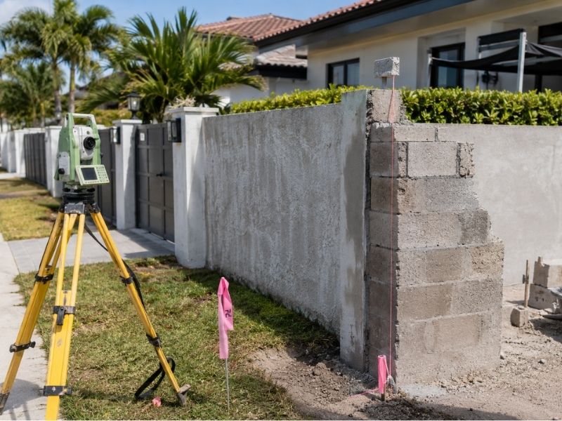 boundary survey masonry wall miami fl | Miami Land Surveying Boundary survey equipment marking a property line beside a residential masonry wall before reconstruction in Miami, FL.
