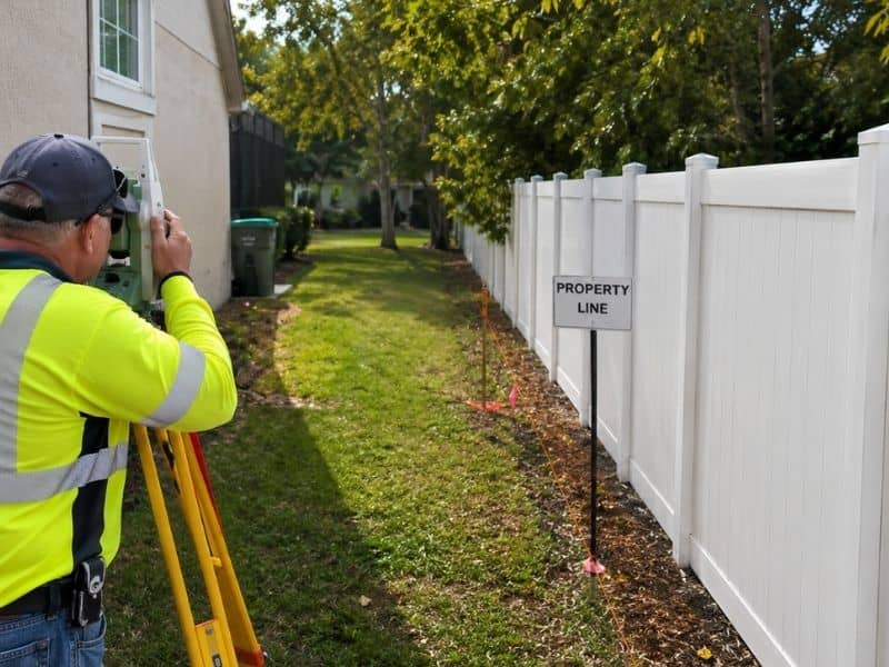 Boundary surveyor using a total station to examine a disputed side-yard strip between a home and fence in Miami, FL.

