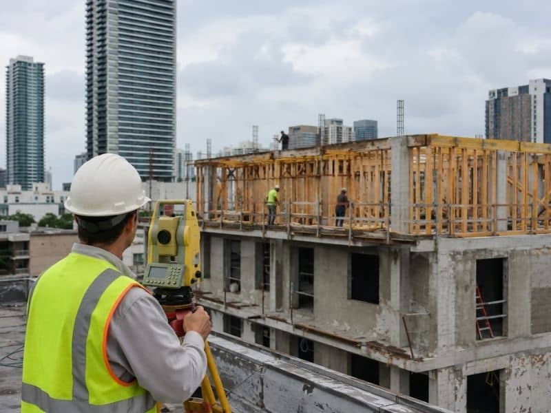 construction surveyor vertical additionmiami | Miami Land Surveying Construction surveyor checking a vertical building addition at a high-density Miami construction site