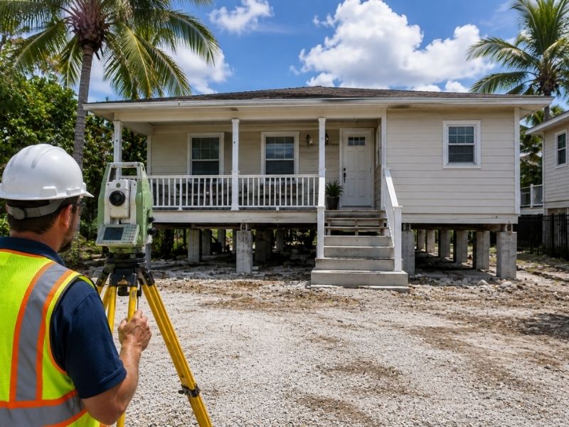 Surveyor collecting elevation measurements for a raised older home to support an updated elevation certificate in Miami, FL.